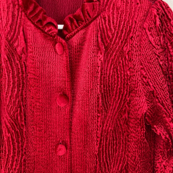 Chicos Red Velvet Jacket Size 0 Small 6-8 Ruffle Neck & Hem Stretch Evening - Picture 2 of 6
